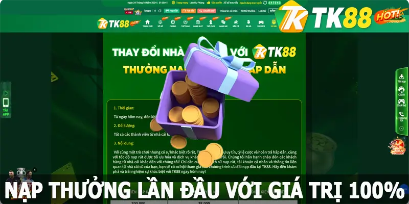 Nạp thưởng lần đầu với giá trị 100%